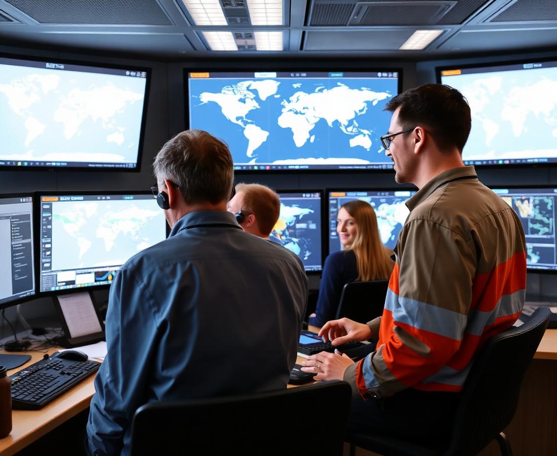 Logistics dispatchers coordinating shipments in a control room